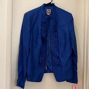 Blue ruffled collarless jacket